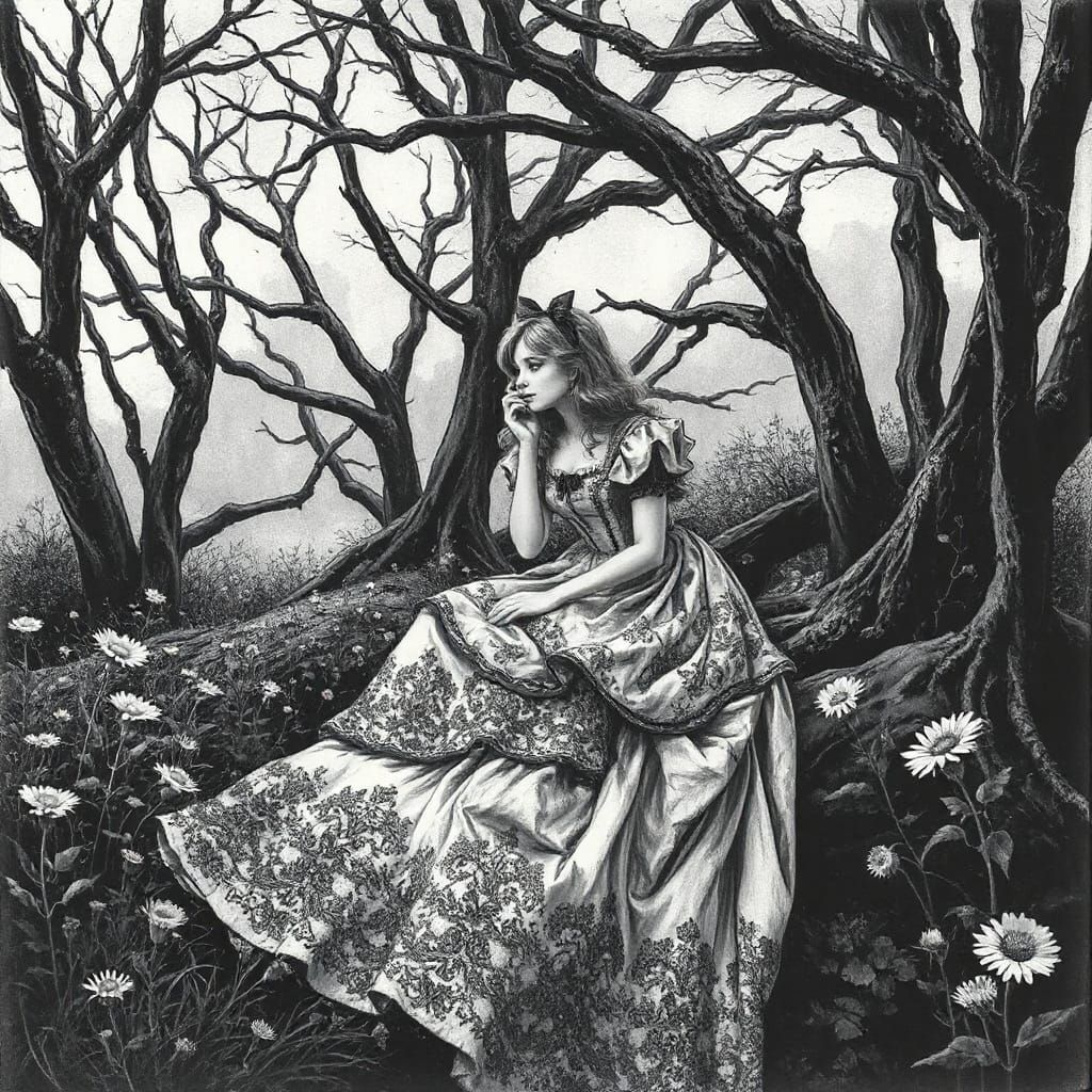 Alice in a Mystical Forest, Charcoal Drawing