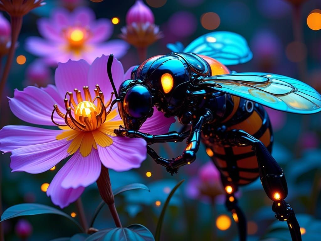 Biomechanical Bee in Neon Bloom
