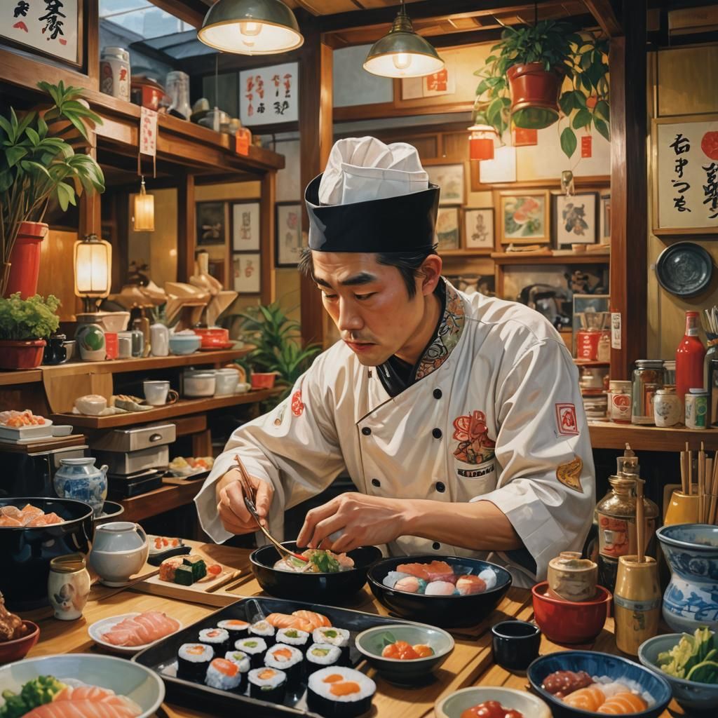 Japanese Sushi Chef: Hyperdetailed Fairytale Portrait