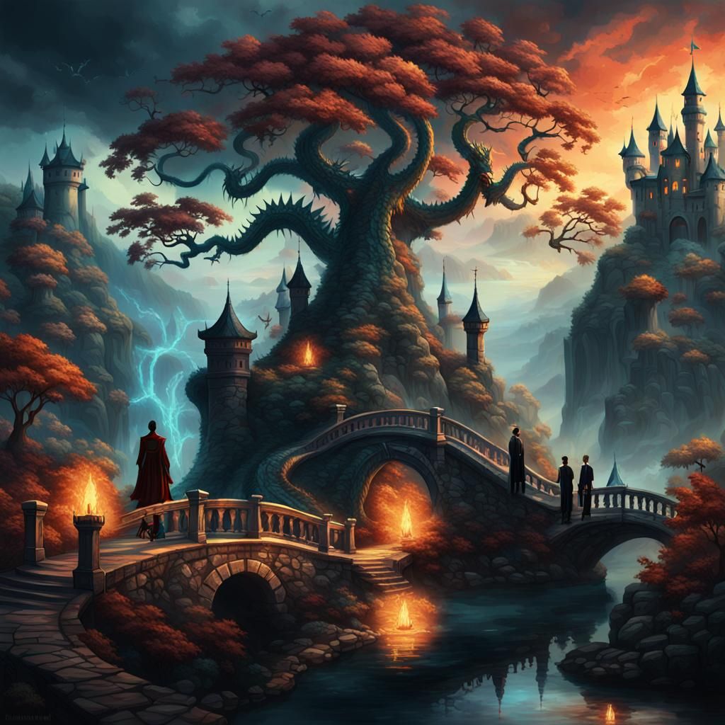 Dark Fantasy Avatars Before Dragon Castle in Chiaroscuro