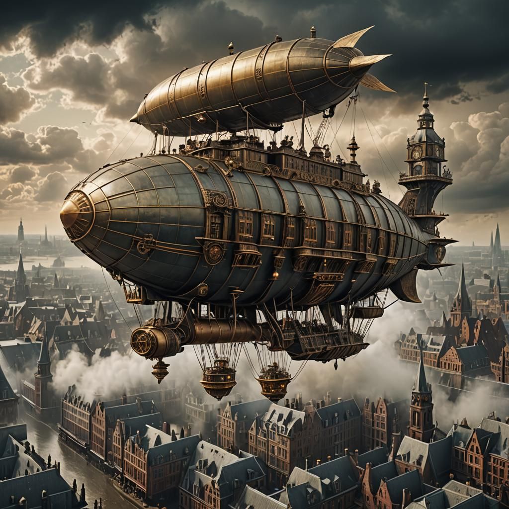 Steampunk Airship Over Antique City