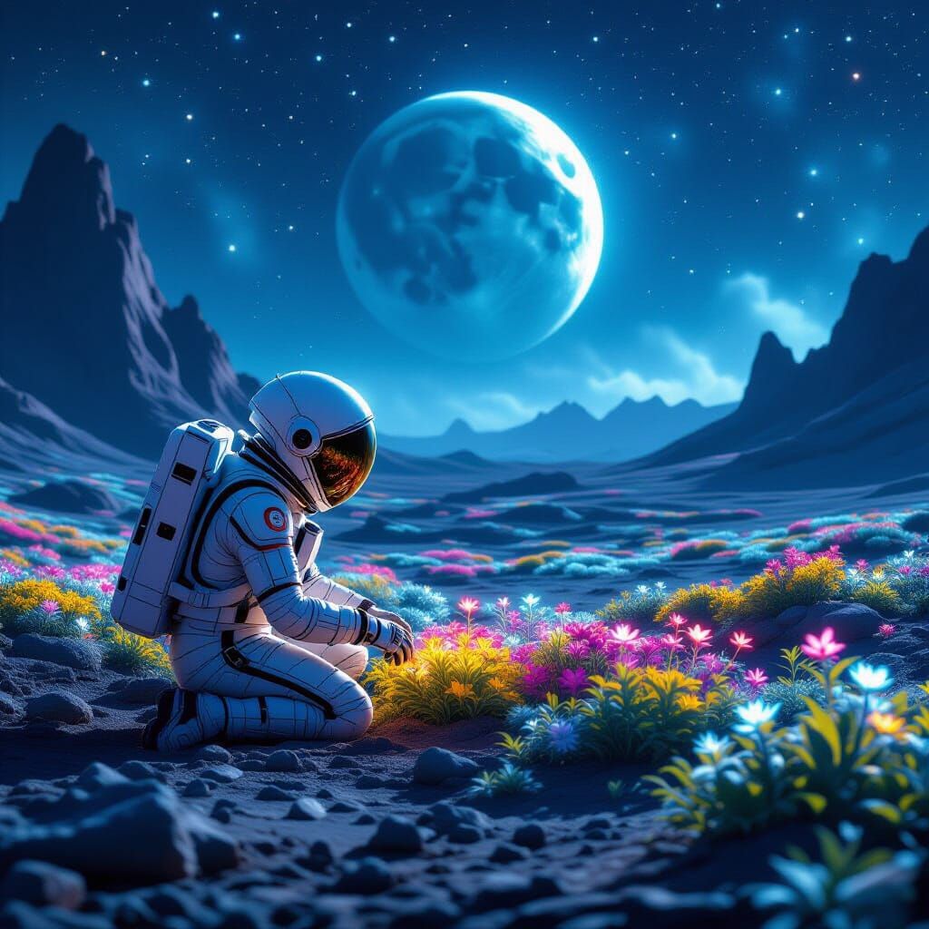 Astronaut Tends Bioluminescent Garden on Alien Planet