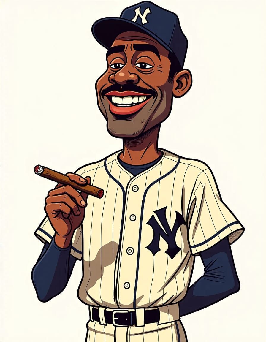 a cartoon baseball player, african american, holding a cigar, in the art style of the Bingo Long movie poster, full body...