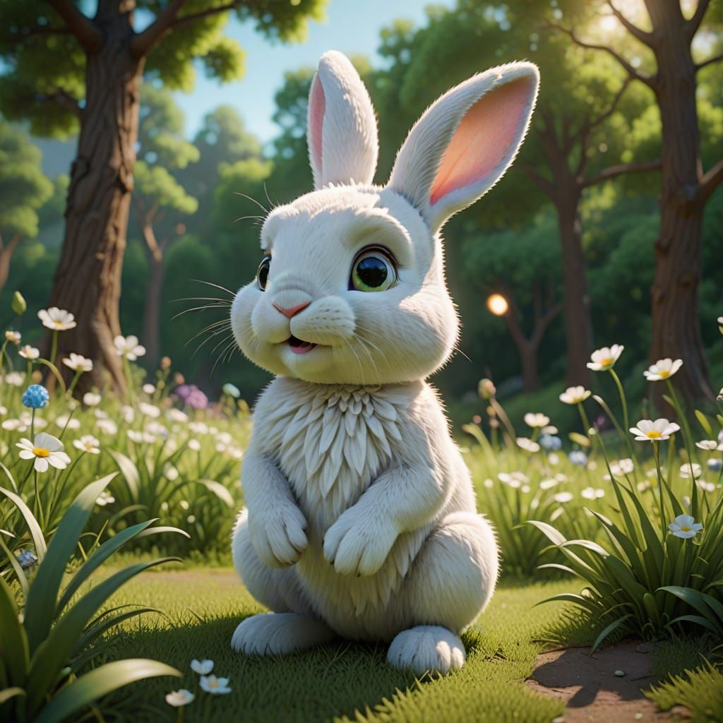 Pixar-Style 3D White Bunny in Lush Green Meadow