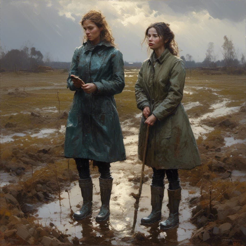 Women in Muddy Field: Oil Painting by Gurney