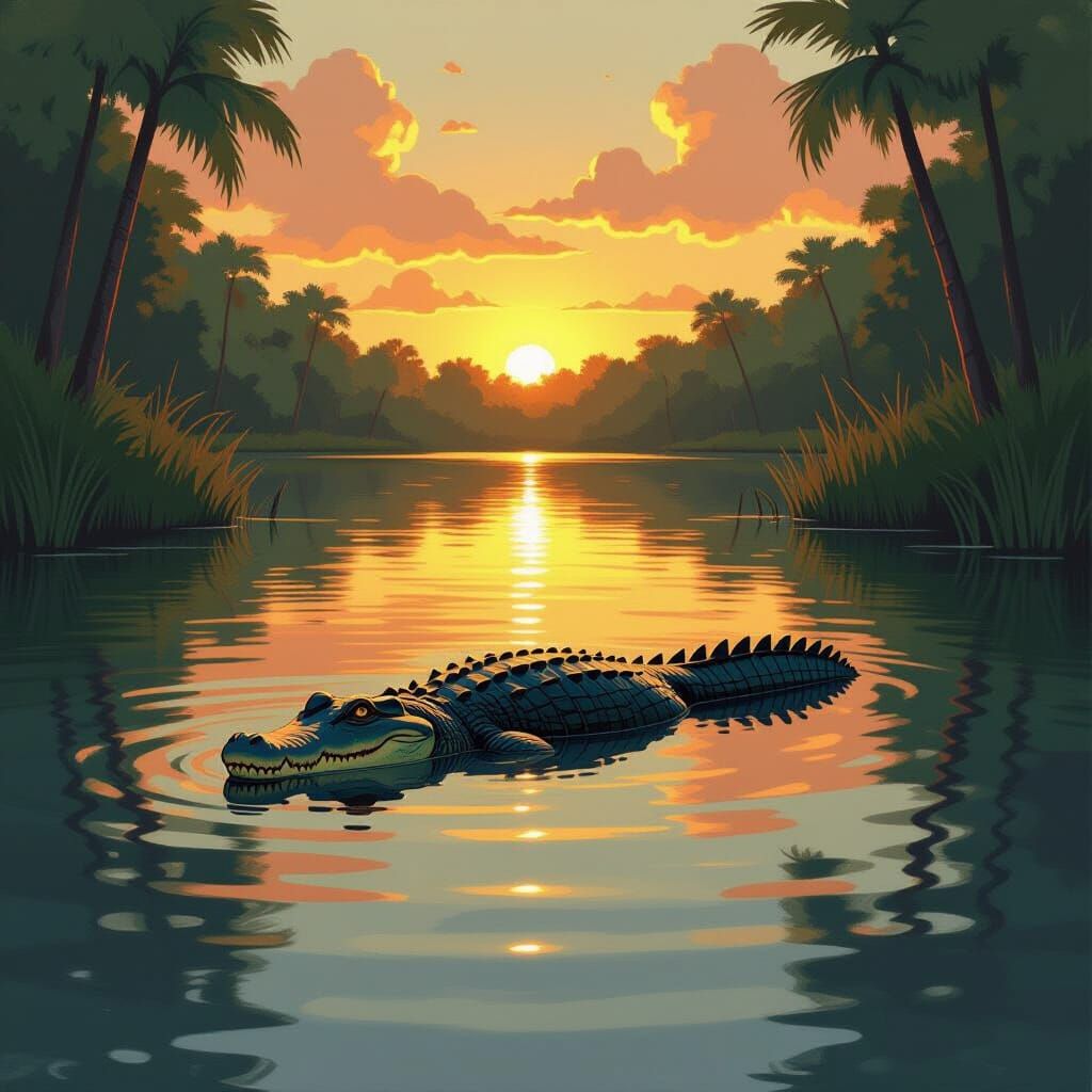 Crocodile Submerged in Lake at Dusk Digital Painting
