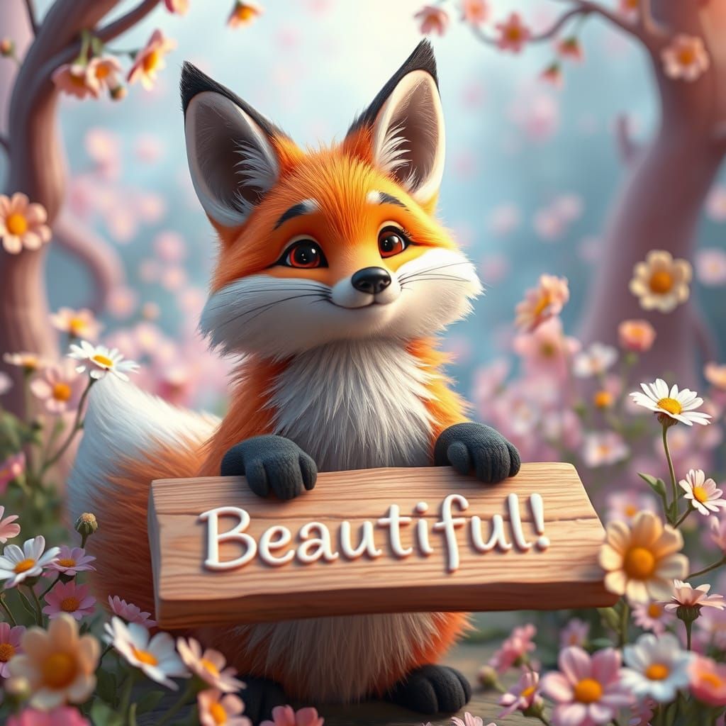 Fluffy Fox Holds "Beautiful!" Sign on Wooden Table