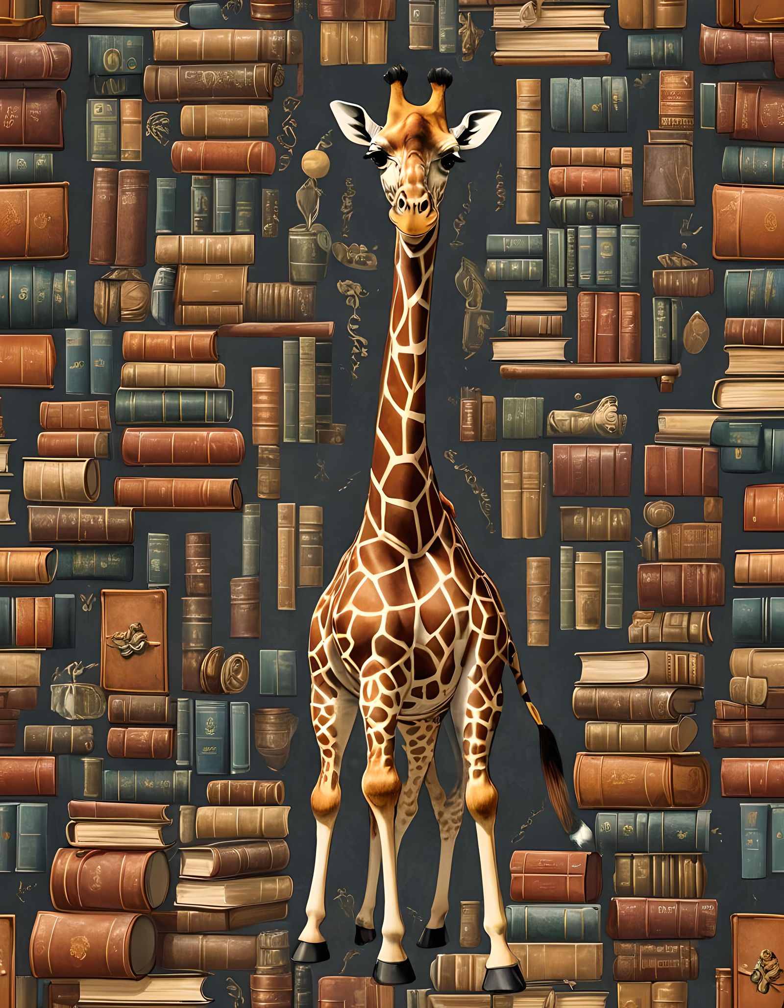 Whimsical Giraffe Surrounded by Leather Books