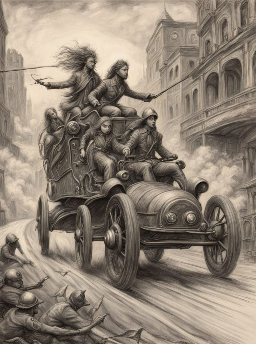 Surreal War Chariot on Boulevard: Charcoal Drawing