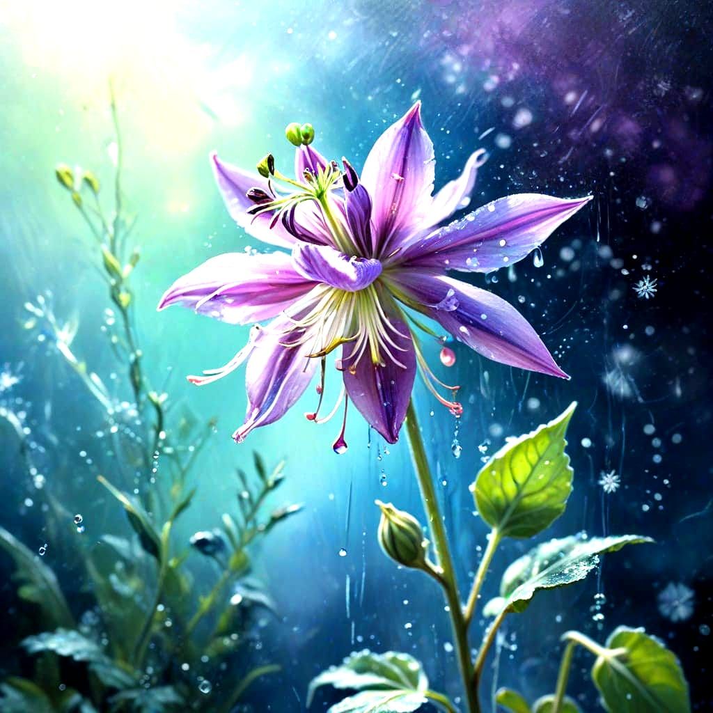 Glowing Purple Flower Oil Painting with Raindrops