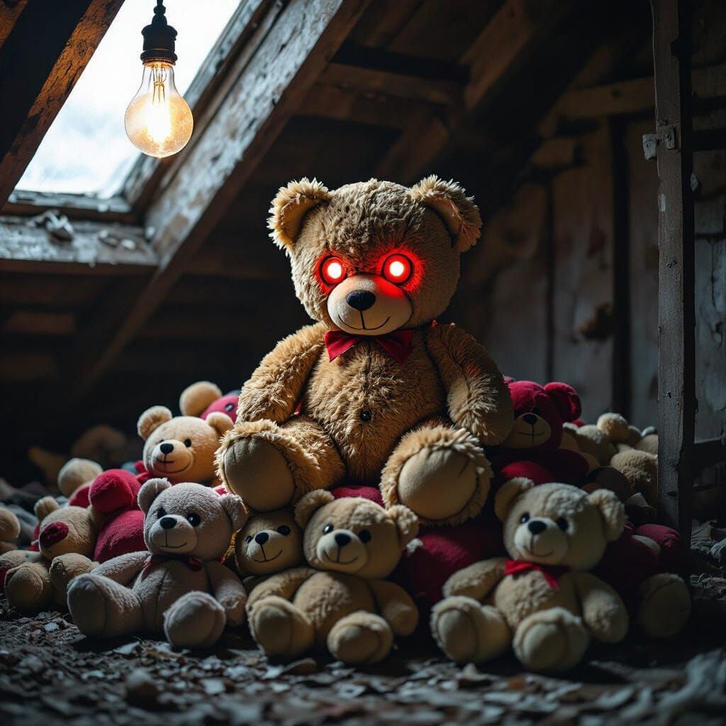 Sinister One-Eyed Teddy Bear in Dark Attic