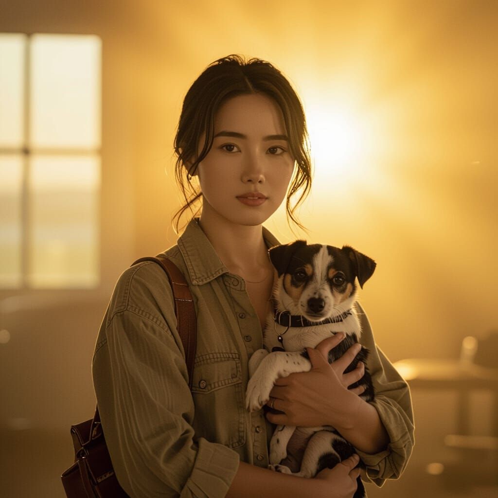 Midori Holding Pet in Golden Light: Cinematic Portrait