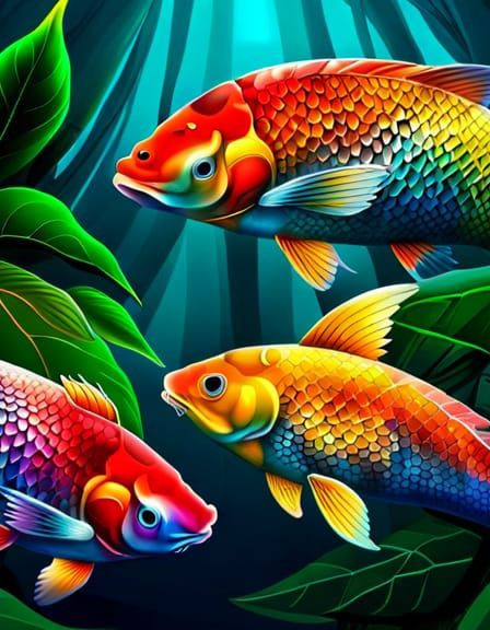 Rainbow Koi in Enchanted Sci-Fi Garden