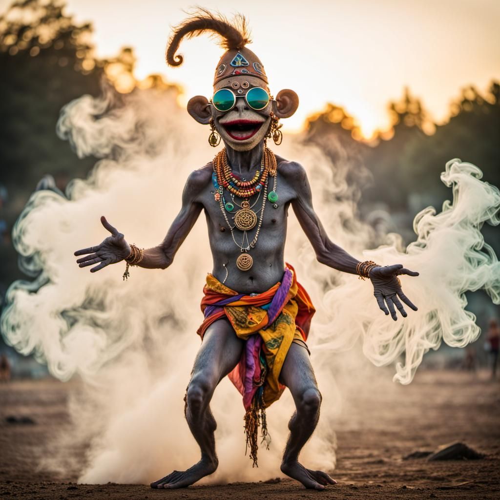 Giant Voodoo Monkey Scarecrow in a Psychedelic Style