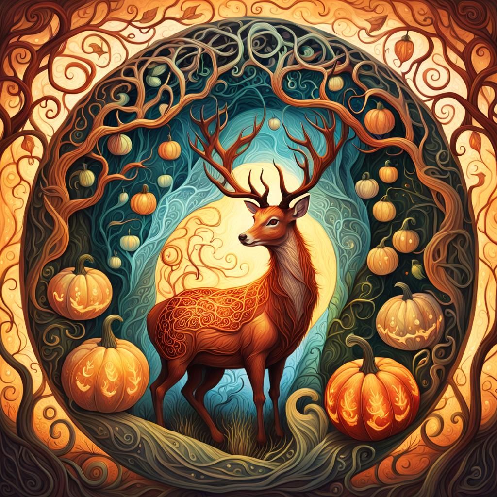Red Deer in Magical Gourd: Fantasy Illustration