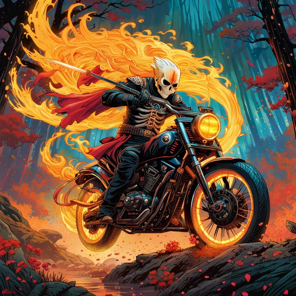 Ghost Rider Samurai in Luminous Watercolor Style
