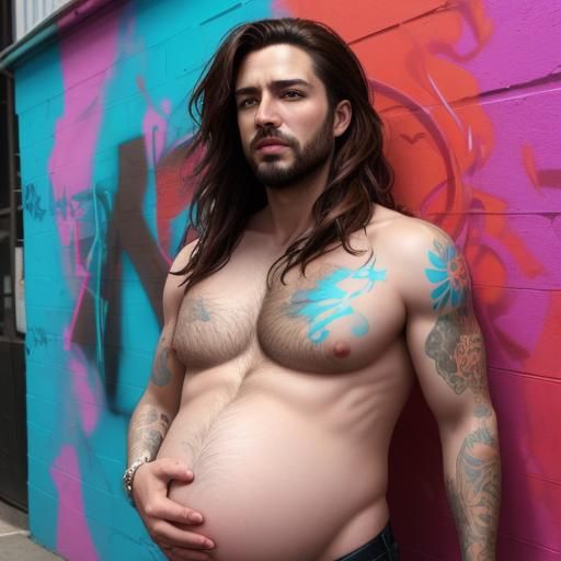 Hyperrealistic Pregnant Trans Man in Graffiti Art Style