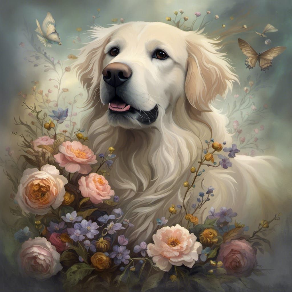 White Golden Retriever in Floral Wonderland