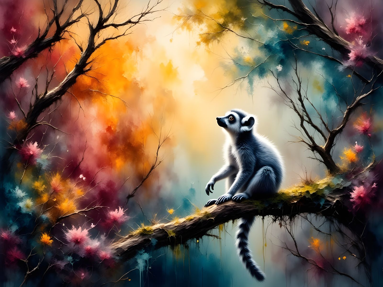 Surreal Watercolor Lemur in Ethereal Landscape