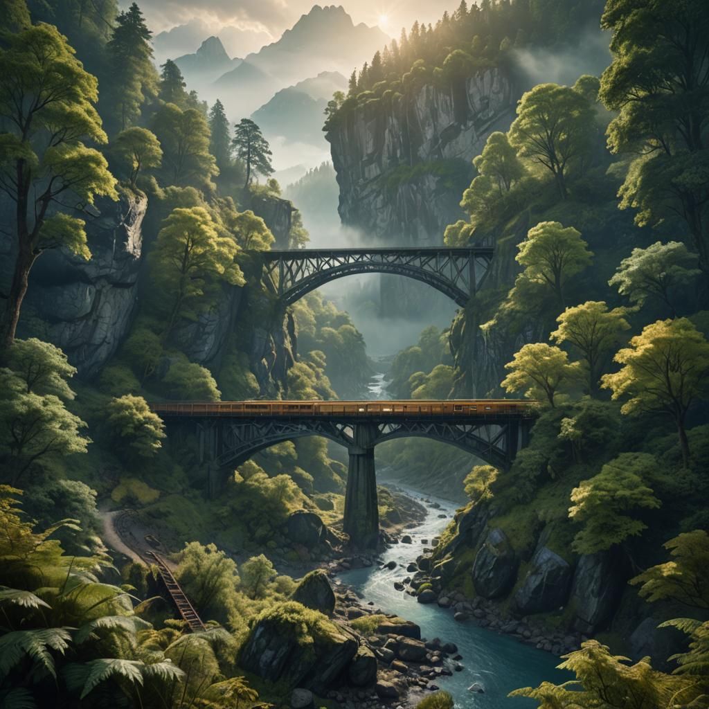 Prehistoric Mountain Forest with Train Bridge: Matte Paintin...