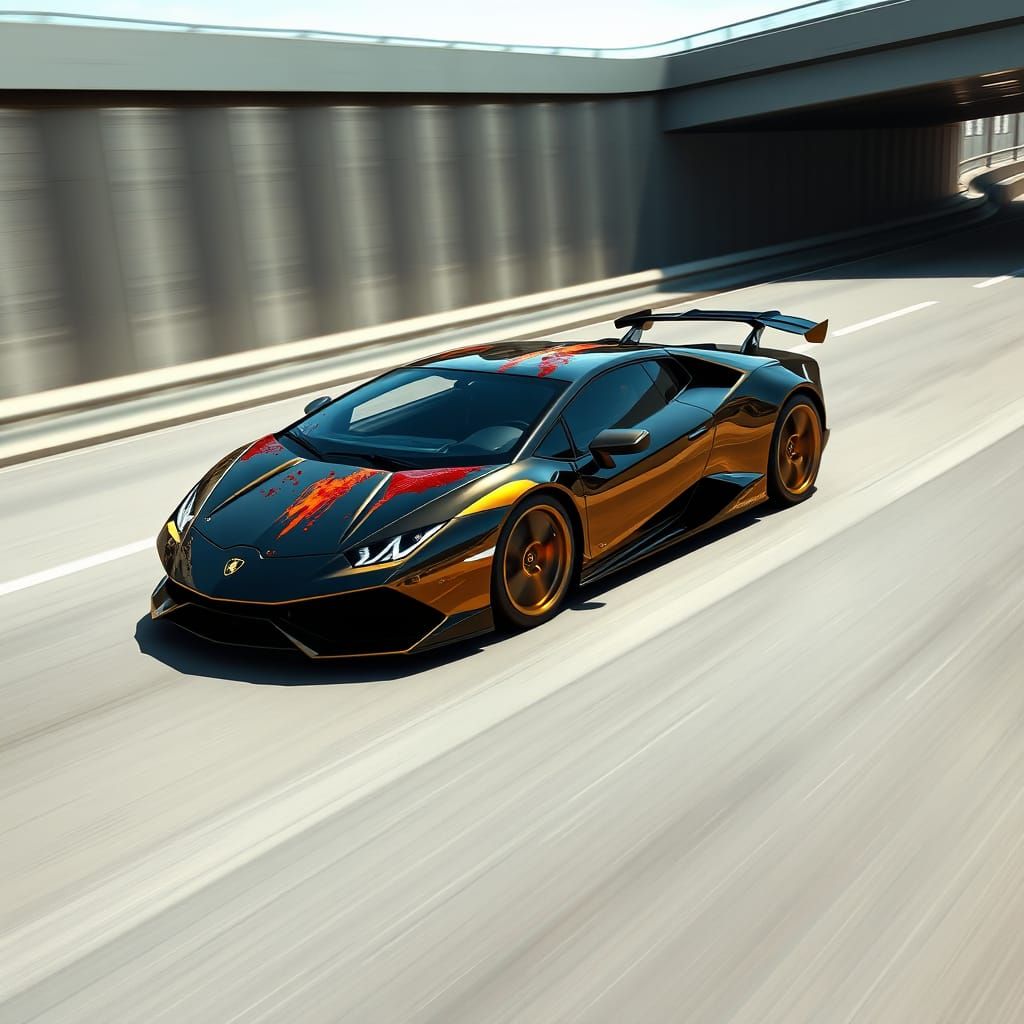 Sleek Black Lamborghini Speeds Down Futuristic Highway