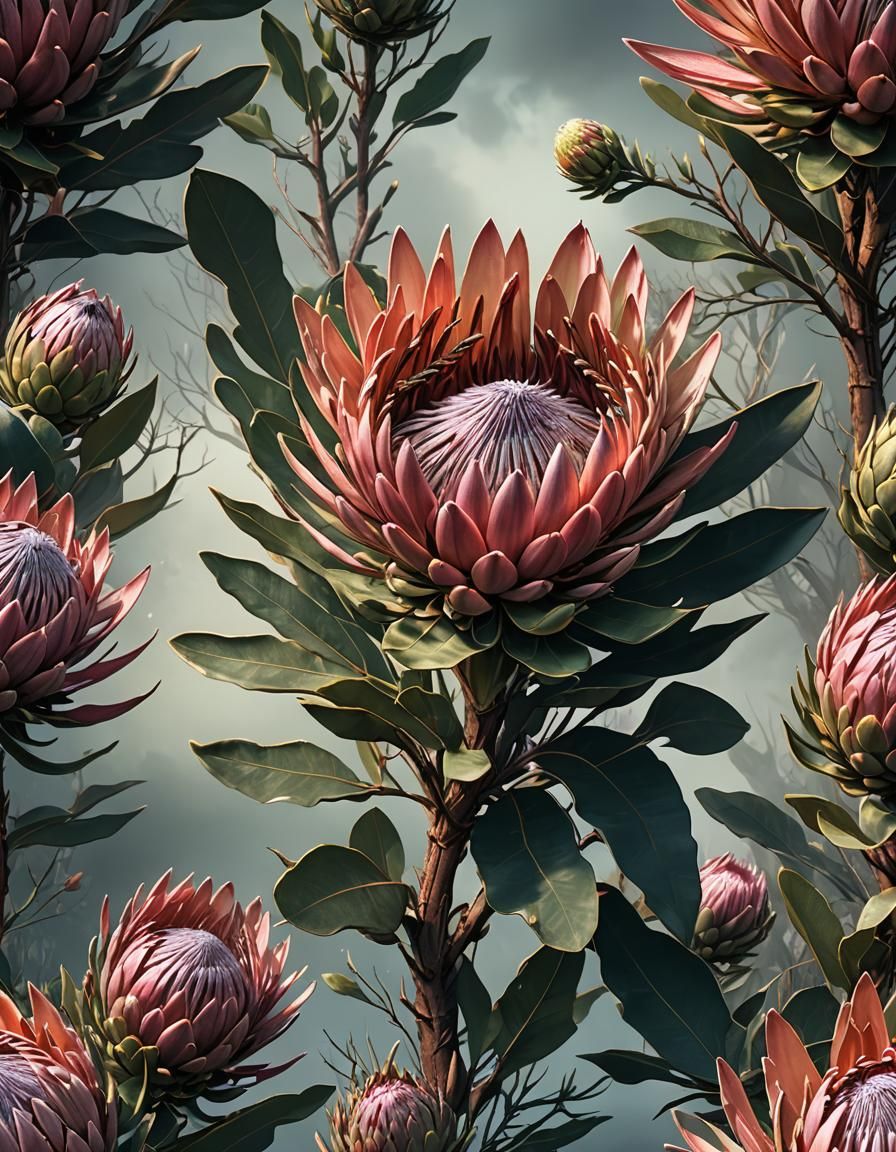 Dramatic Digital Painting of a Protea Flower