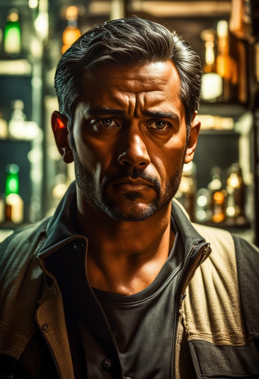 Hyperrealistic Man Searches in Dark Room