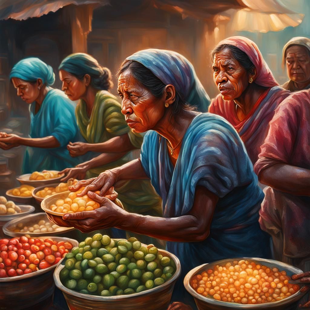 Hyperrealistic Image of Impoverished Women Seeking Food