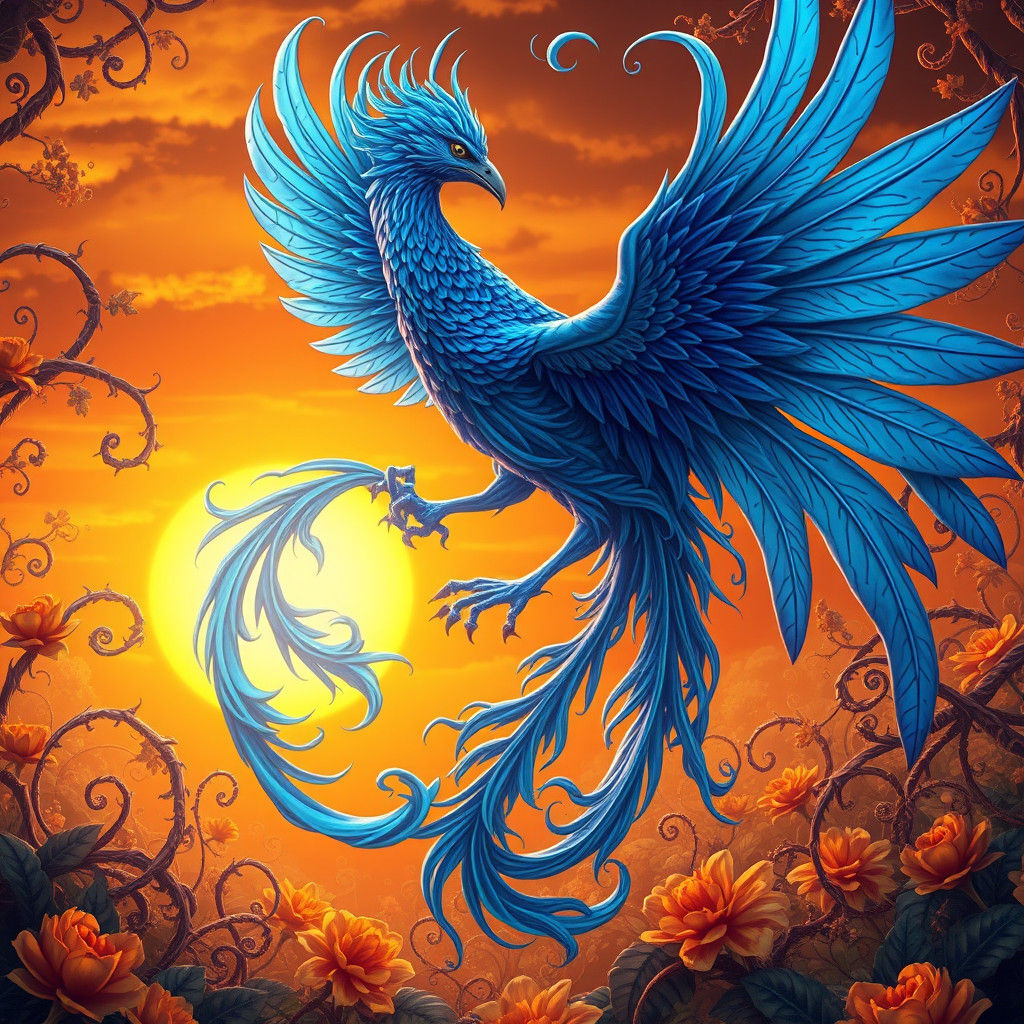 Majestic Blue Phoenix Dancing at Sunset