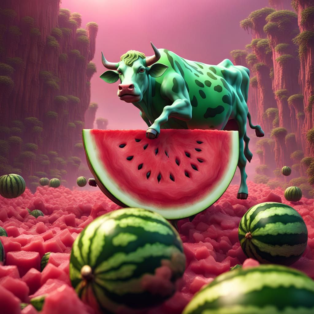 Fantastical Watermelon Cow: Detailed Matte Painting