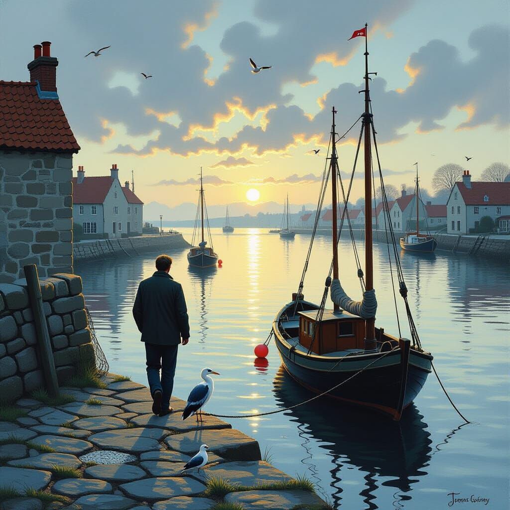 Dawn Harbour Scene with Heron and Boats