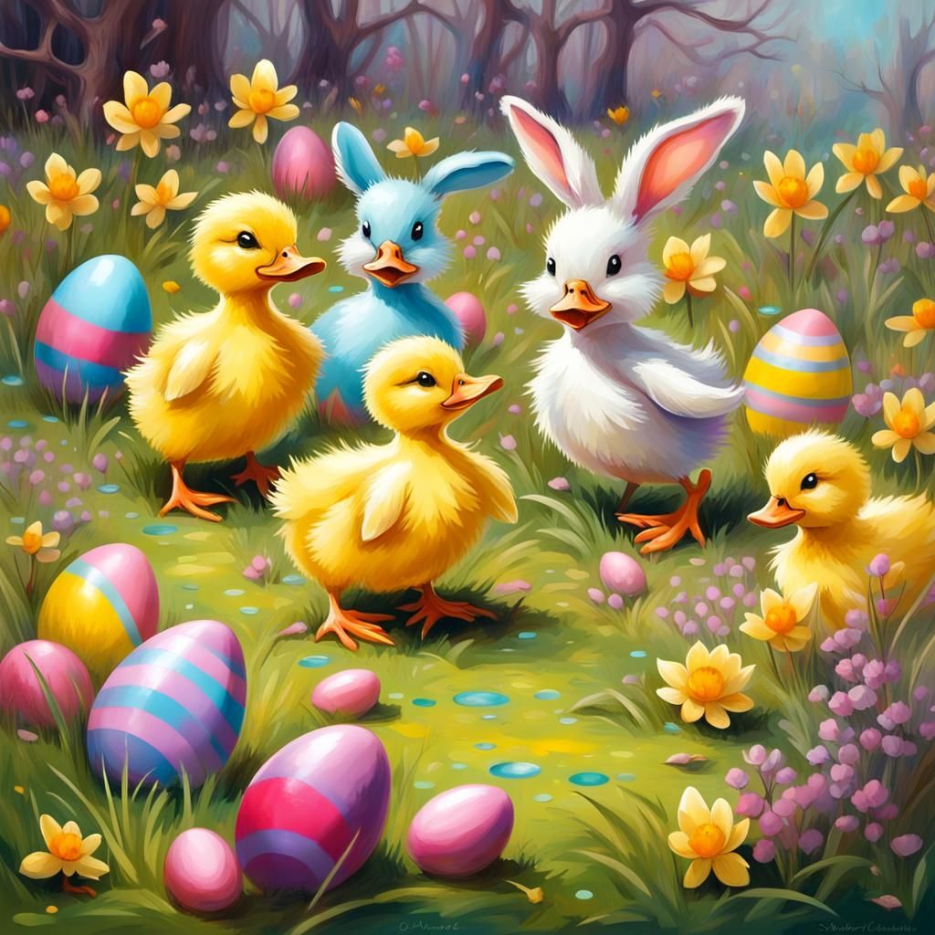 Ducklings and Bunnies Easter Meadow Graffiti Art