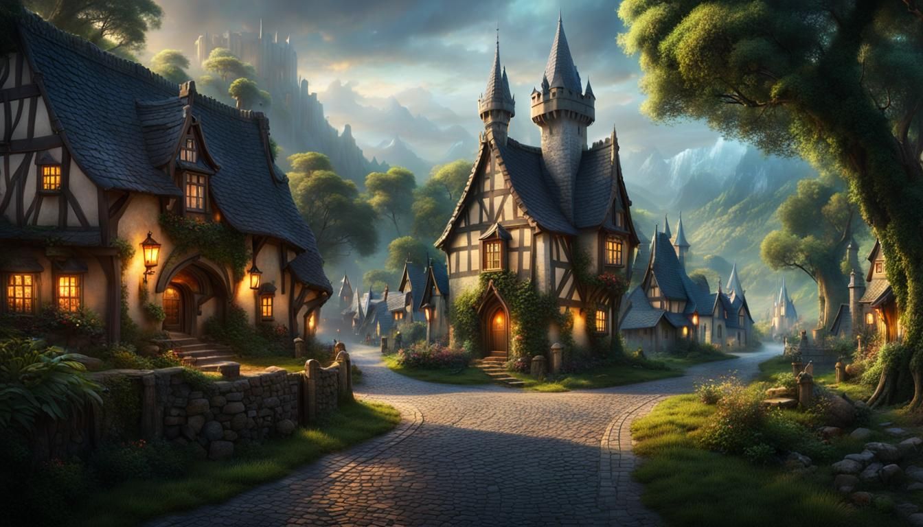 Fantasy Village Scene with Knights, Digital Art
