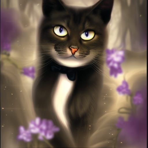 Very cute black and white tuxedo cat with warm brown cat eyes& ethereal purple background that shimmers& glitters& cute ...