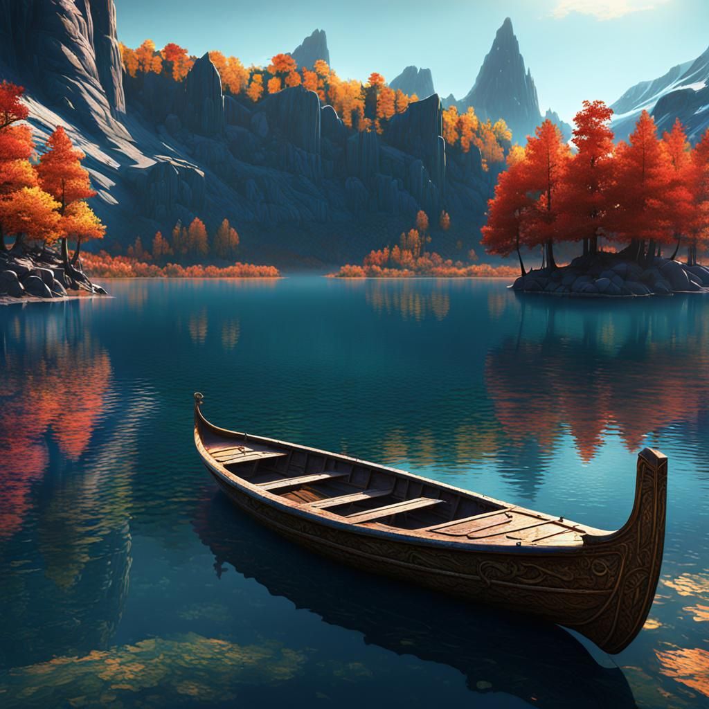 Leaf Boat on Lake: Detailed Matte Painting