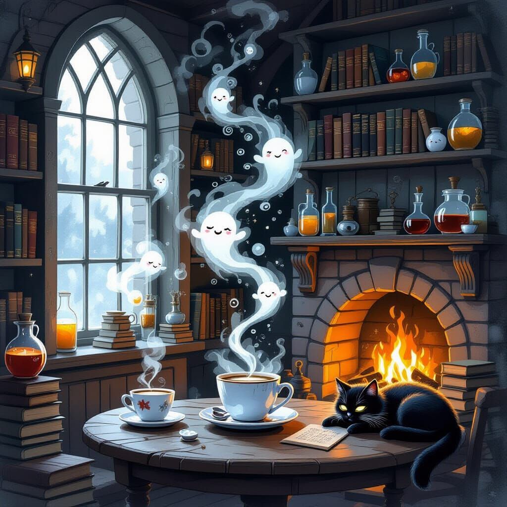 Magical Cafe with Steam Sprites and Spellbooks