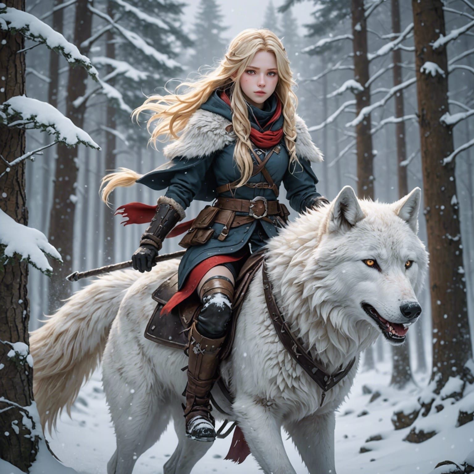 Anime Girl Rides Wolf Through Snowy Forest
