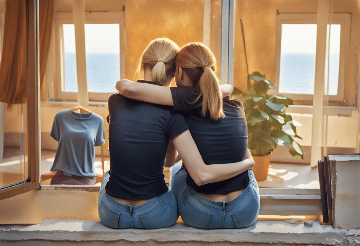 Girls Embracing in Sunlight: A Realistic Illustration