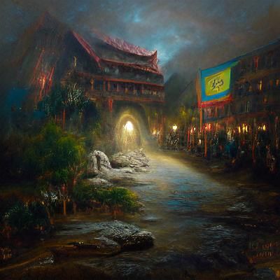 Nordic Temple in Dark Forest as Oil Painting