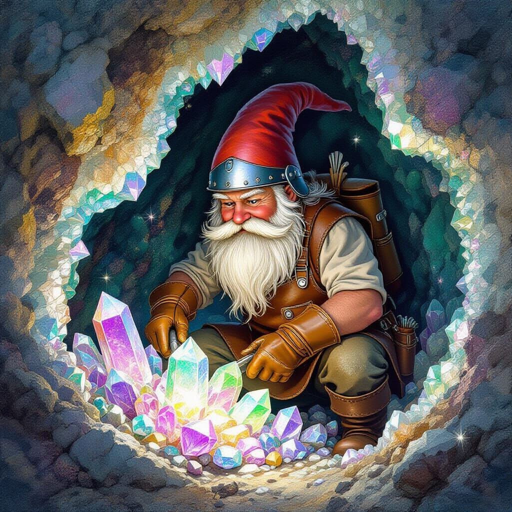 Gnome Excavates Crystals Inside Iridescent Geode