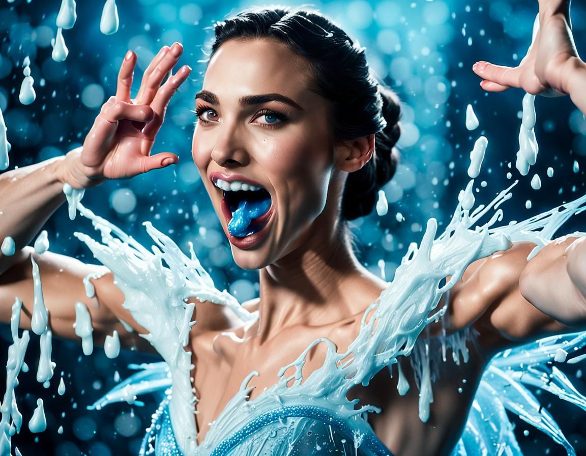 Gal Gadot as Elsa from Frozen, shown twirling around, dancin...