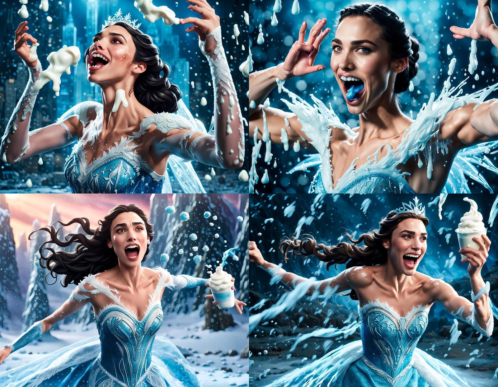 Gal Gadot as Elsa from Frozen, shown twirling around, dancin...
