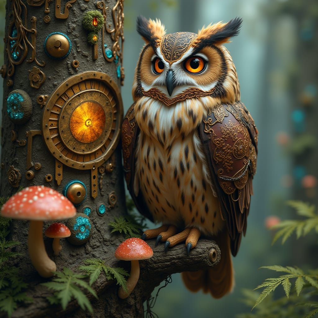 Owl in Armor on Clockwork Tree, Steampunk Art