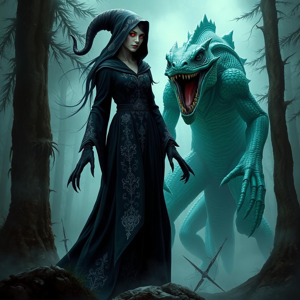 Witch vs. Alien Lizard Man in Eerie Forest