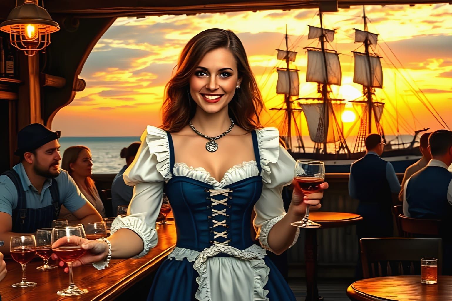 Barmaid and Clipper Ship Double Exposure