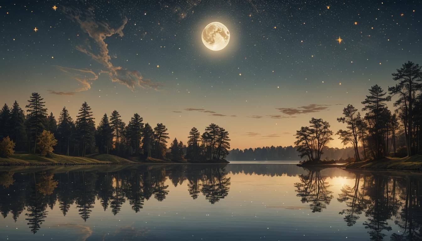 Crescent Moon Reflection on Lake: Hyperrealistic Digital Pai...