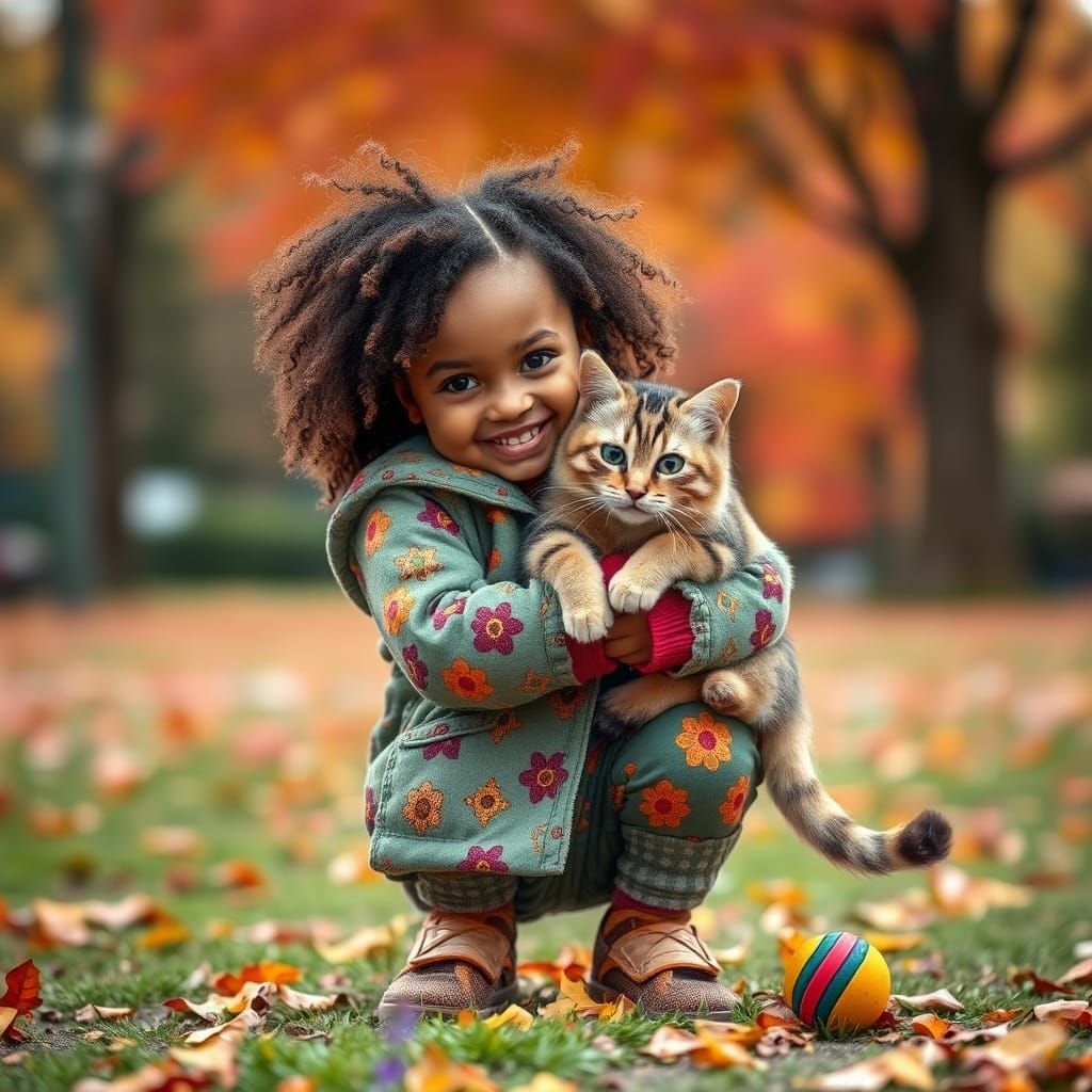 Girl Hugging Cat in Autumn Park, 3D Rendered