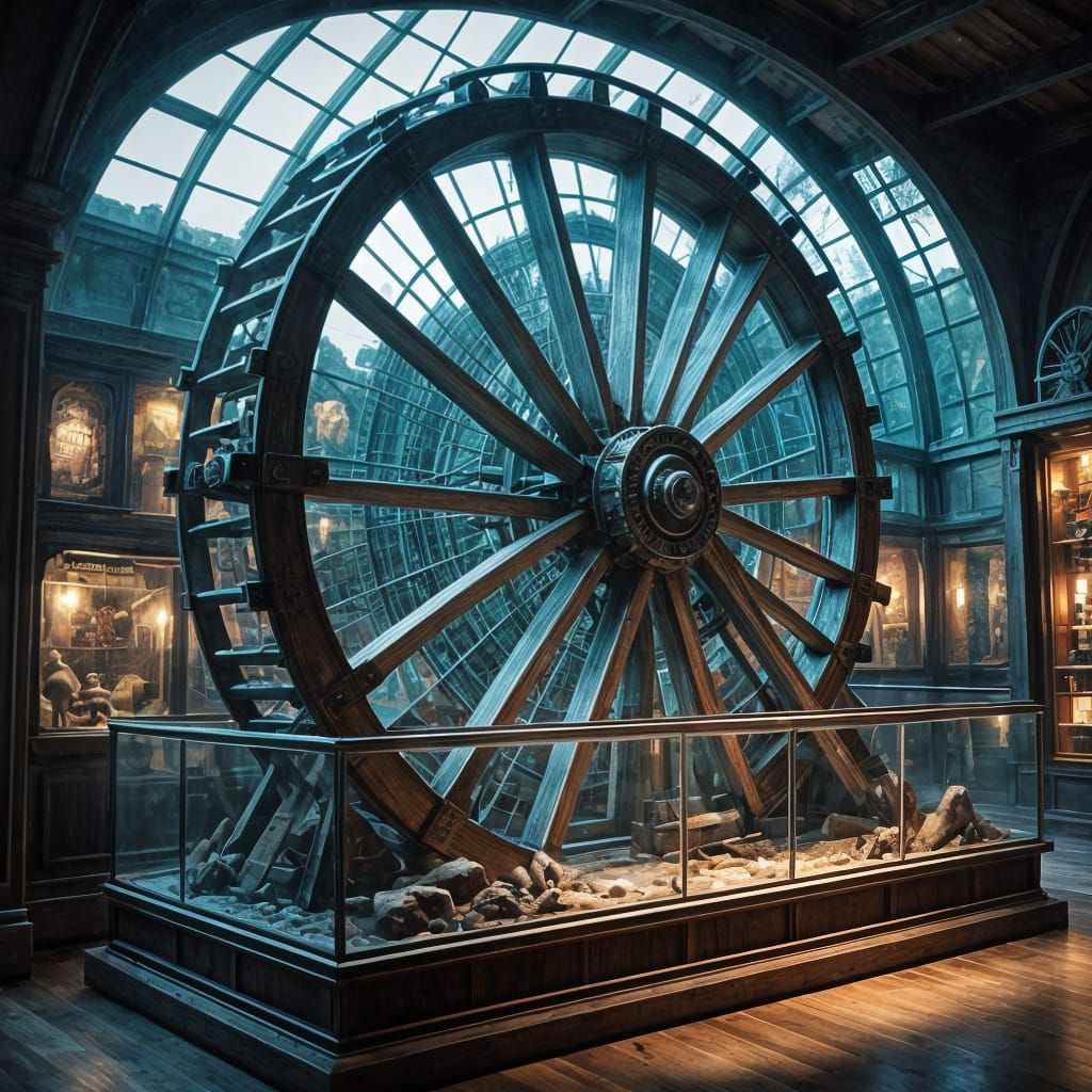 A French colonial waterwheel in a glass case in a museum