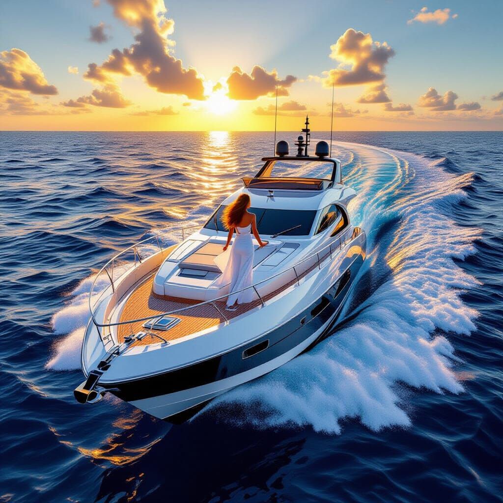Superyacht and Woman at Sunset, Photorealistic Style