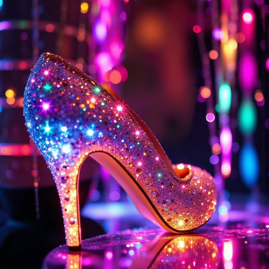 Beautiful Girl in Glitter Gown on Disco Cube